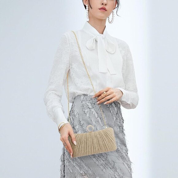 Women Gold Pleated Clutch  Lady  Handbag - Picture 6 of 9